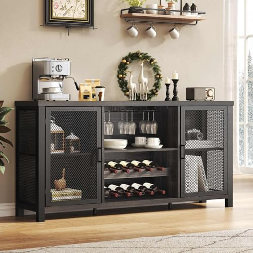 Launica Liquor Bar Cabinet, Industrial Wine Bar Cabinet, Rustic Sideboard Buffet Cabinet for Liquor, Glasses & Coffee Bar with Storage Rack for Home Kitchen Dining Room, Dark Grey Oak, 140cm