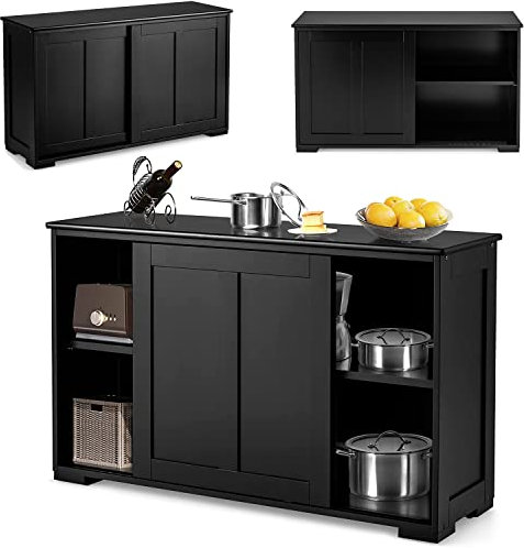 RELAX4LIFE Armoire de Cuisine avec 2 Portes Coulissantes et 2 Couches, Commode Buffet Style Contemporain avec Étagère Réglable pour Cuisine, Chambre, Salon, Noir/Blanc (Noir/Style 2)