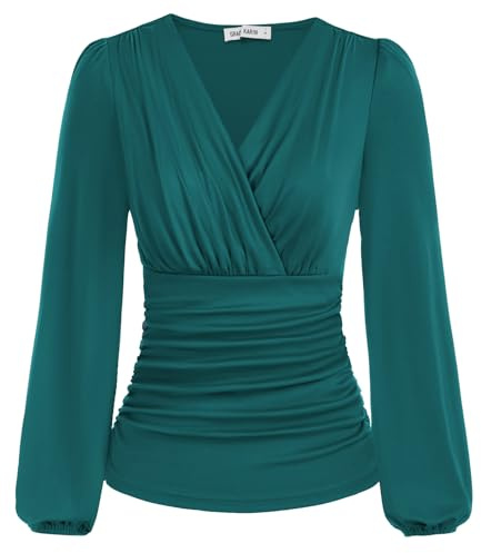 GRACE KARIN Dam V-ringad blus elegant omlottblus lykta långärmad smal passform veckad topp tunika blus, Blå grön, XL