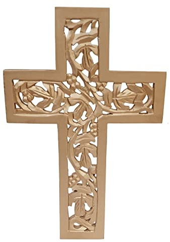 Purpledip Wandkreuz aus Holz, Jesus Christus, handgeschnitzt, antikes Design, zum Aufhängen, für Zuhause, Altar, Raumdekoration, matt goldfarben (10773B)