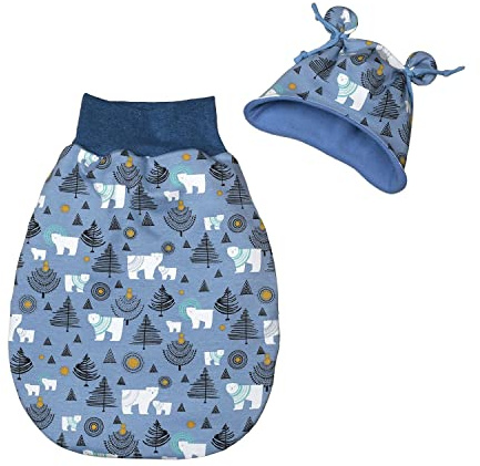 Baby Frühchen Jungen Strampelsack Pucksack Schlafsack Kinderwagensack Eisbären Weihnachten handmade in Deutschland (Gr. 40-44 (Frühchen), mit Mütze (Mütze ohne Bindebändchen), staubblau)