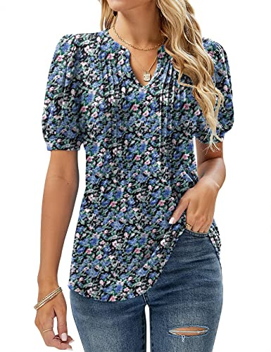 EFFAN Womens T Shirts V Neck Summer Dressy Ladies Tops Comfy Flowy Tunic Cute Pleated Blouse Plus Size Floral Blue XL (UK 18-20)