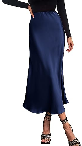 BTFBM 2026 Womens Spring Summer Long Satin Skirt Silk Elegant High Waist Cocktail Party Wedding Flowy A-Line Midi Skirts(Navy, X-Large)