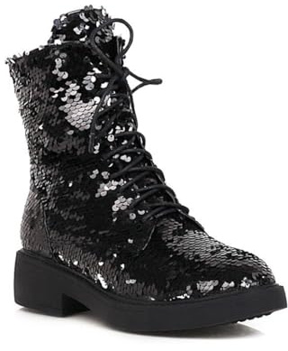 CRETUAO Women's Stylish Glitter Sequin Combat Boots,Comfortable Low Chunky Heel Lace Up Ankle Boots,Luxury Sequin Wedding Party Round Toe Booties,Black,6 UK