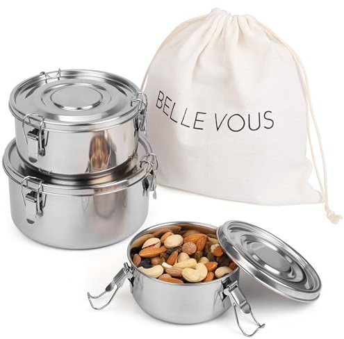BELLE VOUS Lunch Box Set - 3x Porta Pranzo Ermetico - Contenitori Acciaio Inox - Portapranzo Ermetici per Alimenti - a Prova di Perdite - Adatto a Snack Frutta e Zuppe