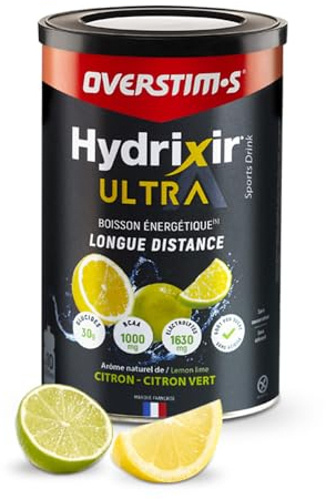 Overstim.s - Boisson énergétique Hydrixir Ultra (400g) - 3 sources de glucides - 4 électrolytes - 6 vitamines - BCAA + Glutamine - Bicarbonate de sodium - Saveur peu sucrée - Citron Citron-vert