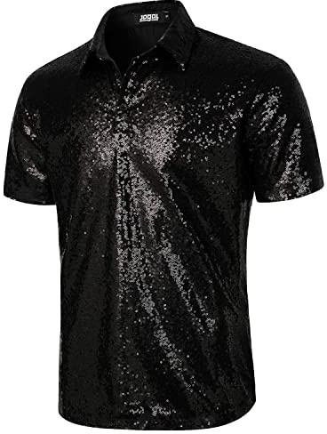 JOGAL Herren 70er Pailletten Hemd Kurzarm Disco Party Oberteile Nightclub Glitzer Poloshirts Schwarz X-Large
