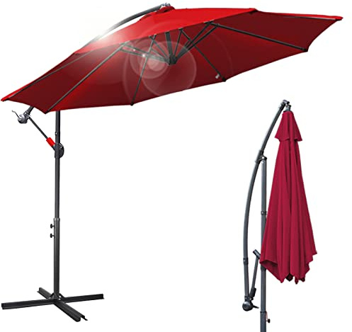 Eulenke Sonnenschirm mit Ständer 350 cm, Ampelschirm mit Kurbel, 8 Stahlverstrebungen, Neigungswinkel und Höhe verstellbar, UV-Schutz Gartenschirm für Balkon Garten Terrasse Strand, Rot