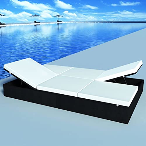 GaRcan Doppel-Sonnenliege mit Kissen, Polyrattan, schwarz, verstellbare Liege, verstellbare Rückenlehne, für jedes Wetter, für Terrasse, Strand, Hof, Pool, Rückenlehne in 4 Positionen ver