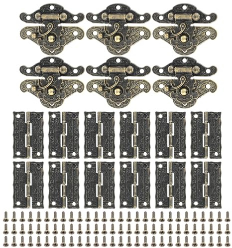 Yetaha Retro Style 6Set Hasp Latch, 12PCS Hinge & 6 PCS Padlock Lock Key Latch Clasp Set, Decorative Cabinet Jewelry Box with Butterfly Hinge and Box Corner Protectors