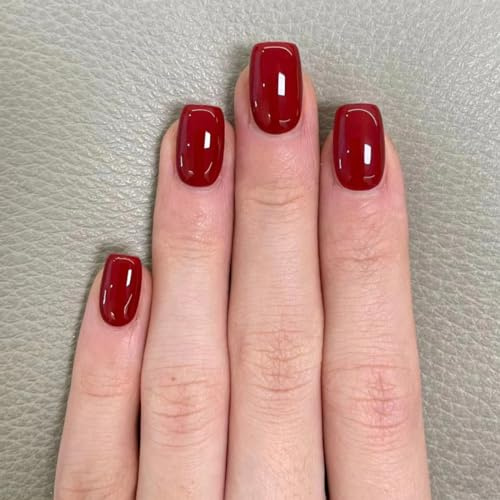 MouyouGlow Press on Nails Kurz,Squoval Rot Einfarbige Cat Eye Fake Nails Kunstnägel mit Nagelkleber,Blood Red Colour Solid Plain Künstliche Fingernägel