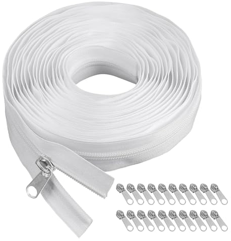 Endlosreißverschluss mit Zipper,10m Lang Reißverschluss Endlos,Nylon Weiß Reissverschluss mit 20 Reißverschlusszügen,Meterware Reißverschluss für Bettwäsche Kleidung Tasche