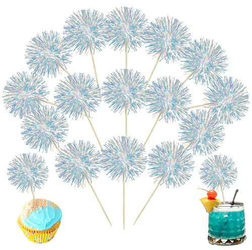 Ephlyn 30Pcs Foil Firework Cupcake Toppers Sparkle Tinsel Cupcake Picks Happy Birthday Cake Decorations Drink Stirrers Cocktail Food Fruit Toothpicks for Baby Shower Graduation Party Supplies White