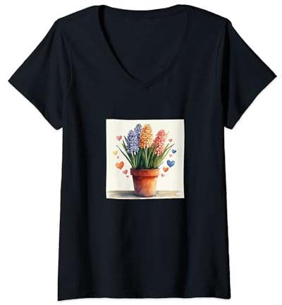 Womens Hyacinth Plant In Pot Cottagecore Hearts Graphic V-Neck T-Shirt
