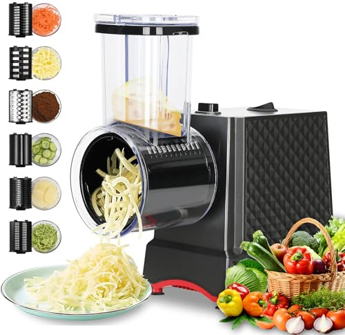 YOTAN Electric Cheese Grater, Electric Slicer Shredder with 6 Blades, 250W Salad Shooter, Enlarged Inlet and Dispenser, Automatic Vegetable Slicer for Cheeses, Fruits, Vegetables
