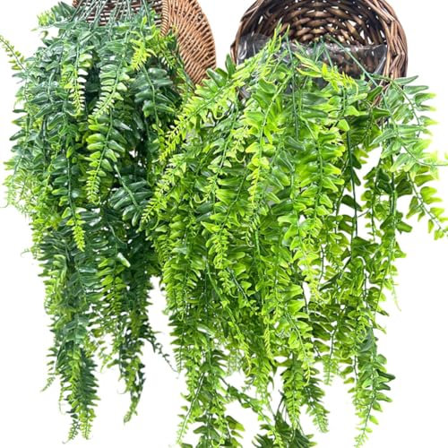 KARLOR Planta artificial artificial colgante 2 unidades de 82 cm plantas artificiales colgantes helecho hojas verdes hierba persa planta colgante plantas artificiales para colgar plantas de plástico