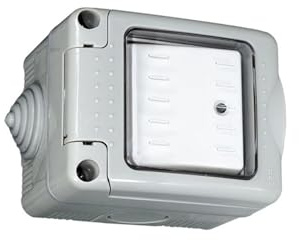 Pulsador estanco con LED, IP55, 10A, 250V, ideal para control de iluminación en exteriores y entornos húmedos.