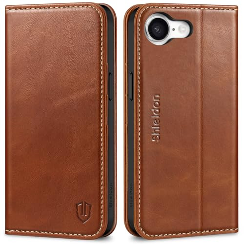 SHIELDON Fodral för iPhone 16e 6.1 tum 2025, Flip plånbok i äkta läder med kreditkortshållare [RFID-blockering] magnetiskt foliofodral, kompatibel med iPhone 16e - Retro brun