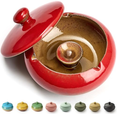 Ashtray with Lid for Outside Patio, Windproof Ash tray, Ceramic Smokeless Ashtray for Outdoor Home Office Tabletop Patio Outdoor Balcony, Red