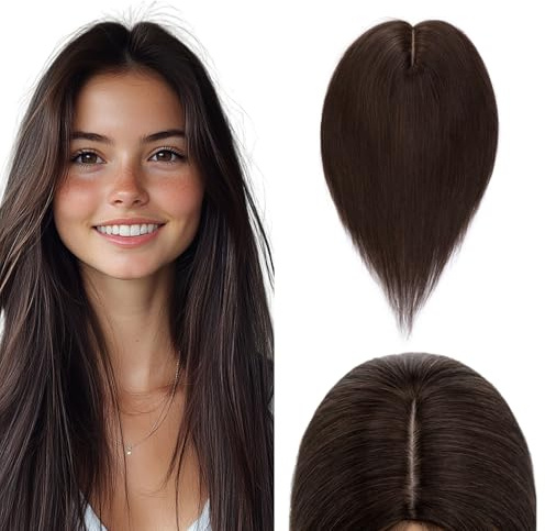 Elailite Echthaar Clip in Hair Topper Braun Haartopper Damen 130% Density 45cm 57g Haarteil Haarteile Toupet Silk Lace 10x12cm #2A