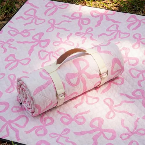 SmoothNovelty Pink Bow Picnic Blanket 80'' x 80'' Waterproof Extra Large Camping Blanket Coquette Picnic Mat Foldable Portable Preppy Outdoor Beach Mat with Carry Strap for Outdoor Grass Lawn Park