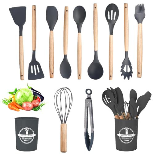 Kitchen Utensils Set, 12 Pcs Silicone Kitchen Utensils Set, Heat Resistant Silicone Spatula with Wooden Handle Cooking Utensils Set Spatulas for Cooking(Grey)