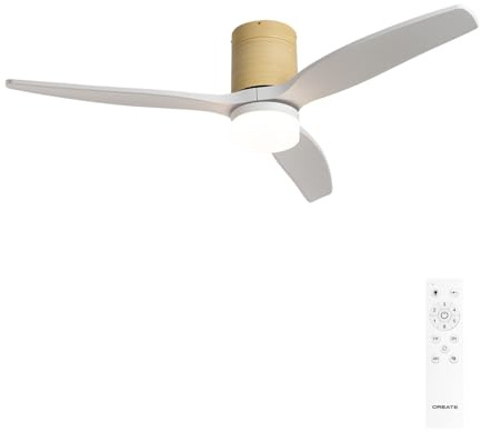 CREATE / WINDCALM M/Ventilador de techo ABS con luz efecto madera clara aspas blanco y mando / 40W. Silencioso. Ø132 cm. 6 velocidades. 3 temperaturas de luz. temporizador. función verano-invierno