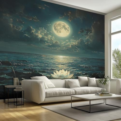 Generisch Tapete 3D Fototapete Meer Mond Nacht, 150x105 Vliestapete Wandbild Fototapeten, Vlies Tapeten Lotus Natur, Wandtapete Schlafzimmer, Wohnzimmer, TV Hintergrund Wanddeko
