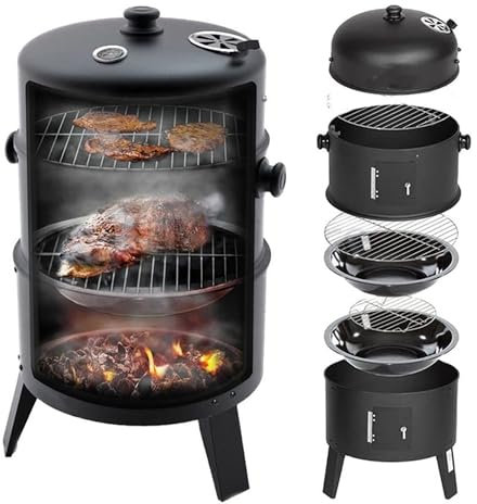 WUDLi Pentola Rotonda Portatile per Barbecue a carbonella, Barbecue a barile per Esterni con termometro, rastrelliera di Riscaldamento, rastrelliera in Acciaio Inox e sfiato, Adatto per Il Campeggio