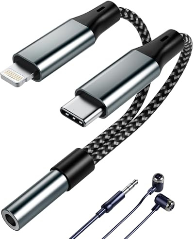 2-IN-1 USB C und Lightning auf 3,5mm Kopfhörer Adapter - USB C auf 3,5mm Kopfhörer Lightning auf 3,5mm Aux Klinke Audio Adapter für iPhone 17 16 15 14 13 12 11, Samsung Galaxy, Google Pixel