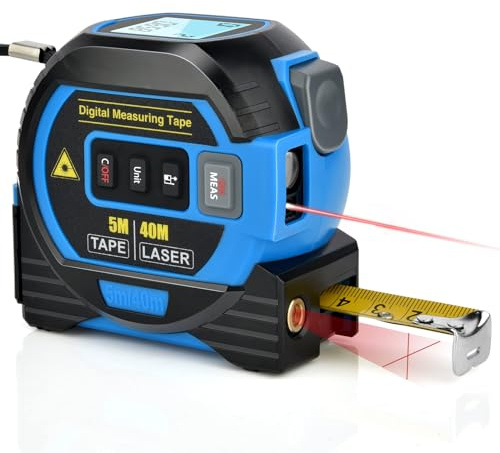 Fitdays 3-in-1 Laser Tape Measure with Cross Line Level | Digital Laser Measurement Tool 131ft/40m, Auto-Leveling LCD Display, in/ft/m Units | 16ft/5M Tape | (Blue)