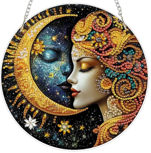 DAERLE Diamond Painting Pendente, Sole e luna misteriosi, Decorazione da Appendere in Pannello Acrilico per Porta, Finestra o Giardino, con Catena, Arte Fai da te con Strass
