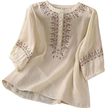 Top Ricamati per Le Donne, Maglietta Tunica in Cotone e Lino Floreale, Maniche a 3/4, Scollo a V, Bottoni, Etnico Abbigliamento Abiti Corti (Beige-f, M)