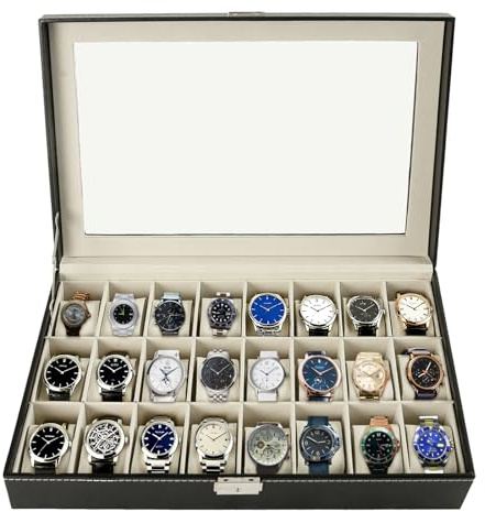 ATPEAM Coffret à Montres en Cuir 24 Emplacements, Boîte de Rangement pour Montres Homme et Femme avec Coussins Amovibles et Couvercle en Verre