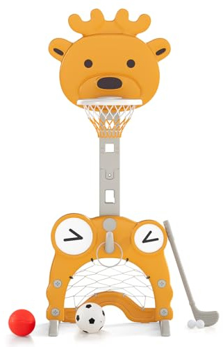 COSTWAY Kids Basketball Hoop, 4 in 1 Sports Activity Center with Football Goal, Golf, Ring Toss, Height Adjustable Indoor Basketball Stand for Toddlers (Dear)