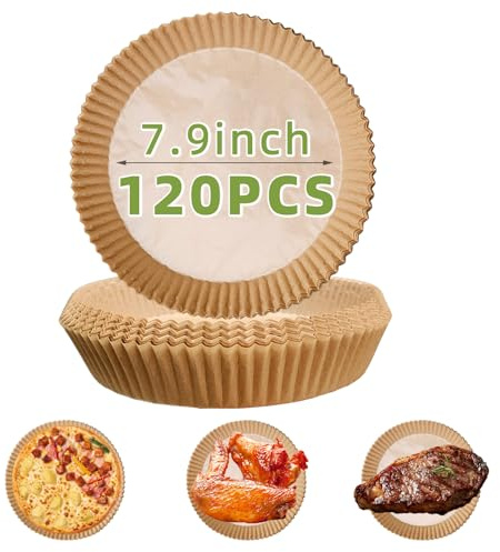 Papel Freidora Aire, 120 Piezas Redonda 7.9 /20cm sin blanquear impermeable a prueba de aceite y papel freidora de aire antiadherente para 5-8QT (Redondo 20-23cm / 7.9 ''-9 ''-120 piezas)