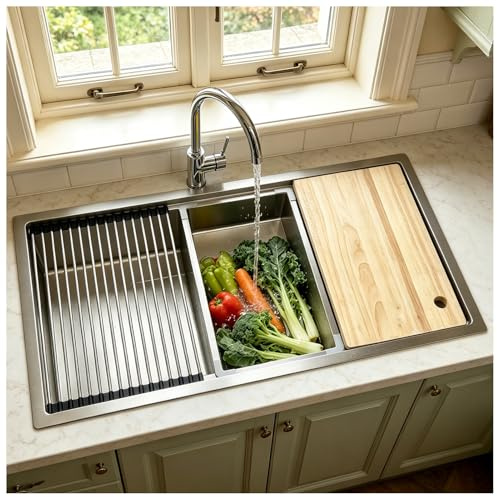 Fregadero Cocina 1 Seno 90 x 50 cm, Fregadero Acero Inoxidable 304 Cepillado, Incorporado Gran Fregadero, con escurridor enrollable, una tabla de cortar, un recipiente pequeño y un conjunto