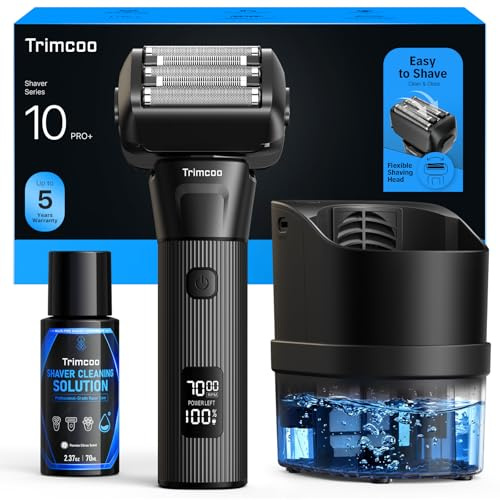 Trimcoo Rasoir Électrique Homme, 5 Lames avec Station de Nettoyage Intelligente, Tondeuse Rétractable, Étanche IPX6, Charge Rapide USB-C, 100 Min Autonomie, Écran LED, Coffret pour Peau Sensible