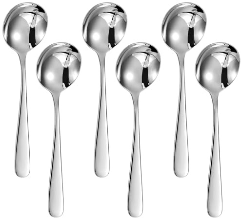 QZKJQDD Soup Spoon 6 Pieces Set, Stainless Steel Round Stainless Steel Bouillon Spoons, for Celebrations, Family Dinners, Hotel, Restaurants, Cereal Spoons & Sugar Spoons & Table Spoons (16cm)