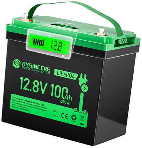 HYSINCERE 12V 100Ah LiFePO4 MINI Lithium Batterie mit LED, Max.15000 Zyklen & 100A Intelligente BMS, 12 Volt Deep Cycle Akku 1280Wh Wiederaufladbare für Wohnmobil, Camping, Solar Home Systeme, Boote