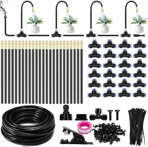 Kit Nebulizador Jardín, Sistema de Enfriamiento por nebulización 20M Línea de nebulización, Nebulizador Terraza Exterior con 24 Boquillas de Latón Ajustables, apto para eventos al aire libre, jardines