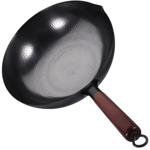 DIYEAH Padella Wok in Ferro Tradizionale 32 Cm Manico in Legno Termoisolante, Wok Da Cucina Antiaderente Senza Rivestimento Per Uso Domestico e Fornello
