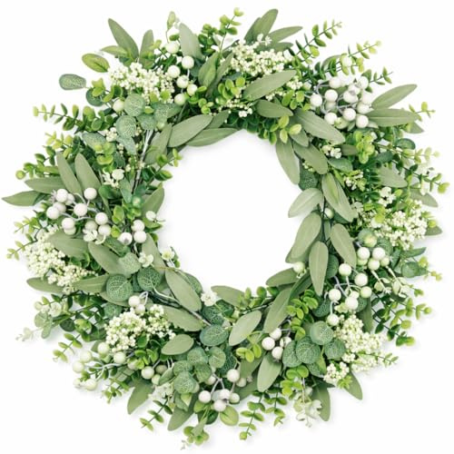 COLORSPEC Eucalyptus Wreath for Front Door, 18Inch/ 45cm Spring Summer Green Artificial Wreath, Lifelike Farmhouse Door Wreath with Berries for Home Window Wall Fireplace Wedding Decor