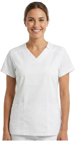 B-well ANGELICA Casaca de enfermería para mujer, túnica médica con cuello en V, bolsillos funcionales, transpirable y fácil de limpiar, ropa de trabajo para clínica y práctica, Blanco, L