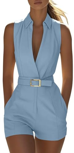 KODMNSW Jumpsuit Damen Elegant Sommer Kurz Overall Ärmellos Hosenanzug mit Gürtel Stehkragen Fashion Arbeitslatzhose Freizeit Romper Onesie Outfits Einfarbige Jumpsuits mit Taschen