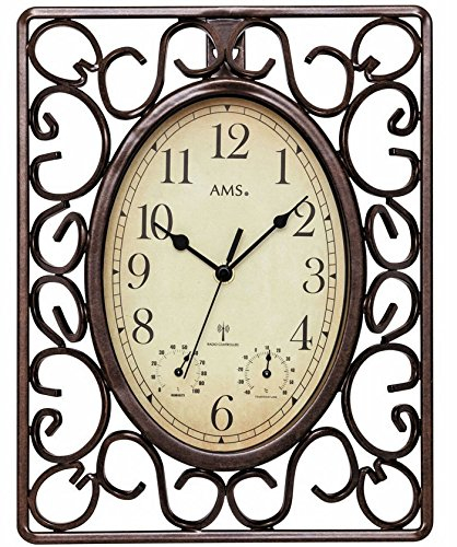 AMS Funk-Wanduhr im Retro-Look, braunes Metallgehäuse, wettergeschützt und mit Thermometer, Antike-Optik - moderne Funktechnik, Gartenuhr Uhr Außenbereich