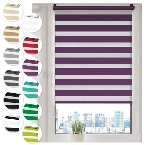 Doppelrollo Klemmfix ohne Bohren 40cm x 210cm Lila Duo Rollo Klemmrollo Sonnenschutzrollo Fensterrollo für Fenster & Türen Zebrarollo Seitenzugrollo