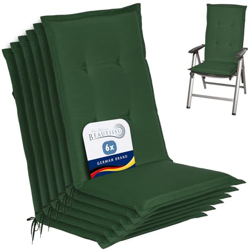 Beautissu 6er Set Gartenstuhlauflage HL für Hochlehner Gartenmöbel Füllung | 120x50x6cm Dunkelgrün weiche Polster Auflage Sitzpolster Sitzkissen Stuhlauflage Schaumkern stuhlauflagen garten Loft