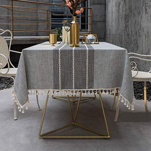 Pahajim Tischdecke Abwaschbar Baumwolle Leinen Tischdecken Rechteckig mit Quasten Tischtuch Moderne Einfache Gestreift für Home Küche Speisetisch Dekoration(Grau, 140 x 180 cm)