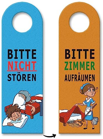 Türhänger mit Comic-Motiv - Bitte nicht stören oder Bitte Zimmer aufräumen mit witzigen Illustrationen von Zimmermädchen und schlafendem Mann für Hotelzimmer oder als lustiger Gag